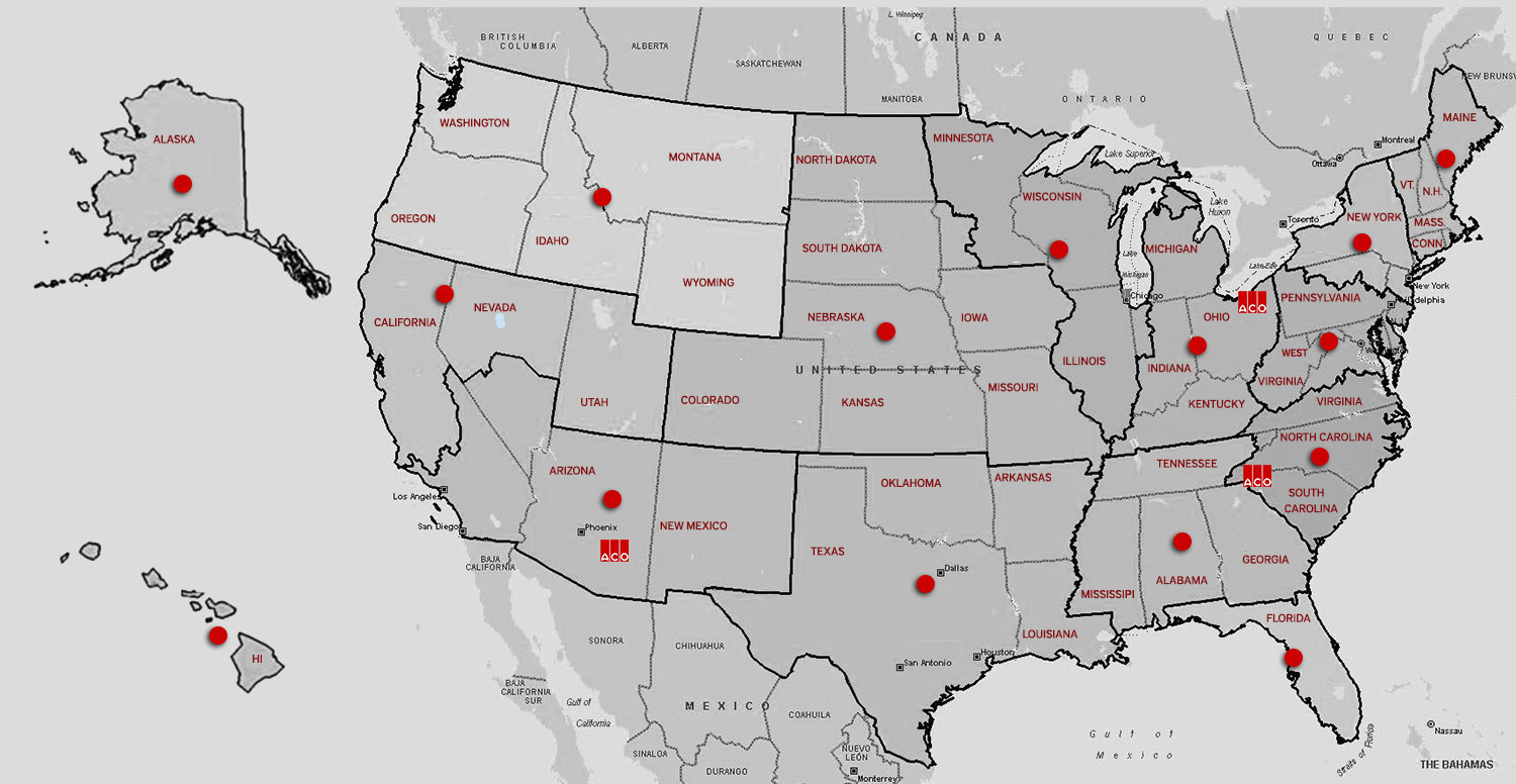 A map of the USA with red dots marking state locations of sales managers